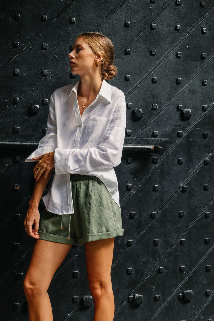 Model wearing the classic linen shirt in summery white