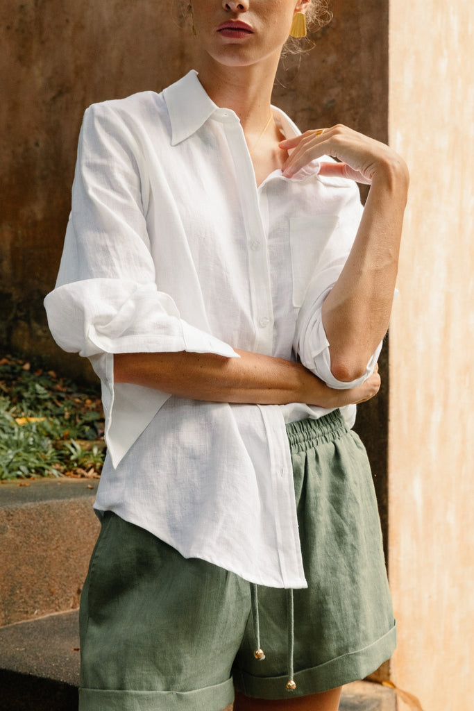Model wearing the classic linen shirt in summery white