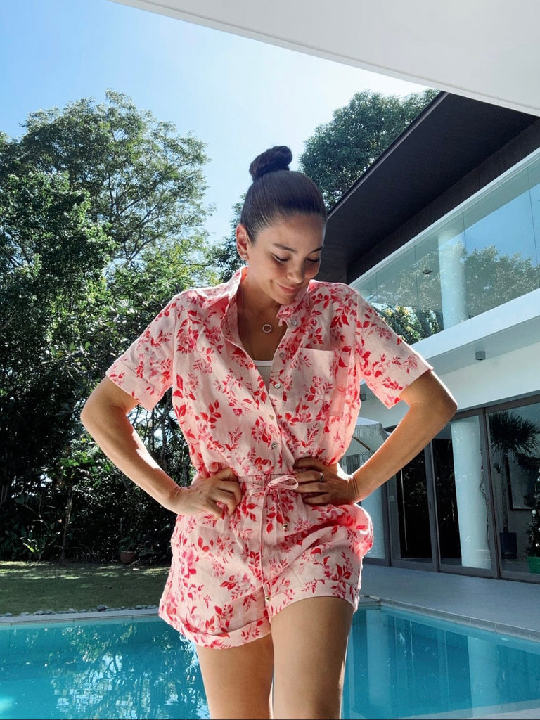 Model wearing the classic linen shirt in floral print