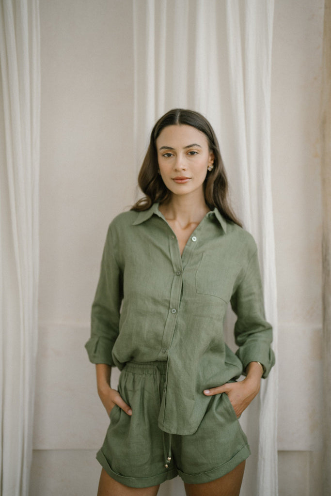 Model in classic linen shirt khaki green