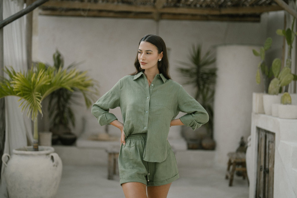 Model in classic linen shirt khaki green
