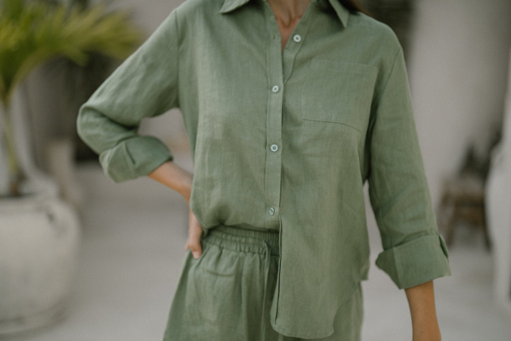 Model in classic linen shirt khaki green