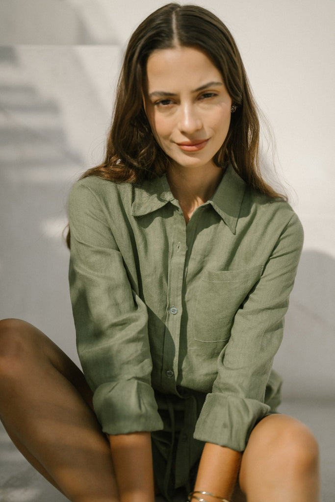Model in classic linen shirt khaki green