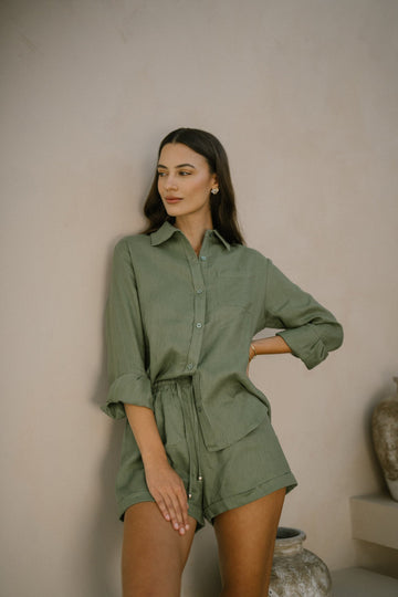 Model in classic linen shirt khaki green
