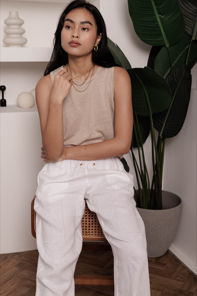 Model wearing our classic linen knit tee in oat