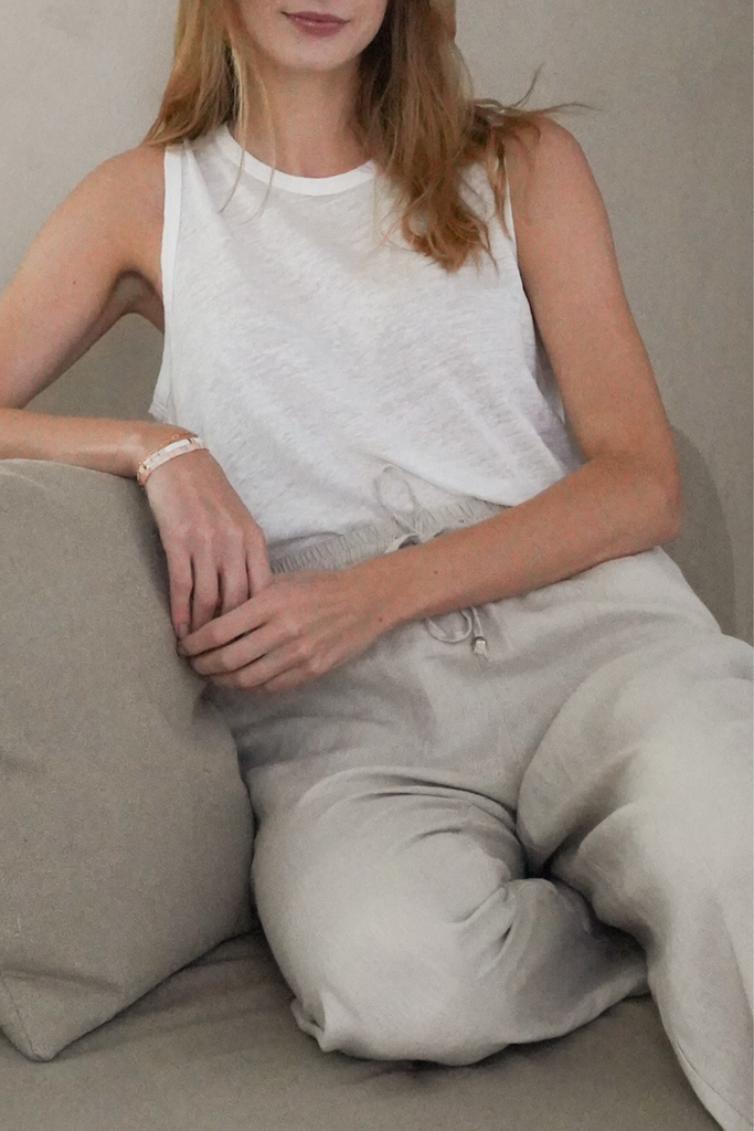 Model wearing our classic linen knit tee in white