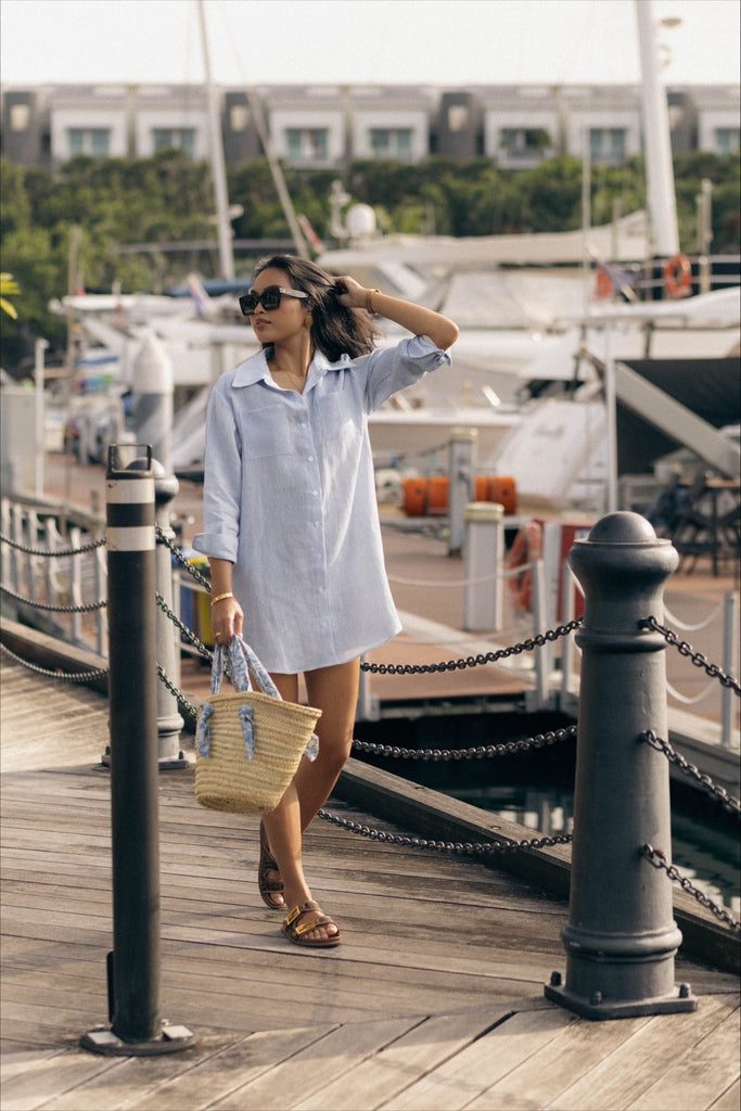 Model wearing the classic linen shirt dress in pinstripe