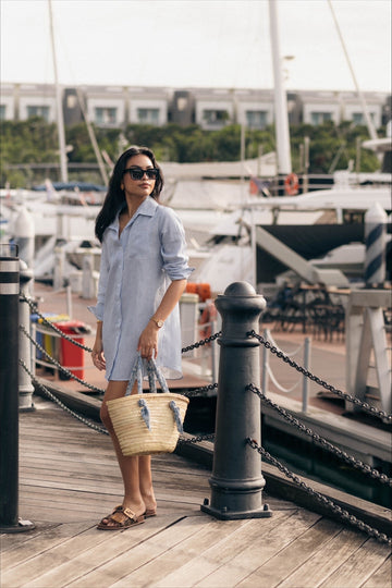 Model wearing the classic linen shirt dress in pinstripe