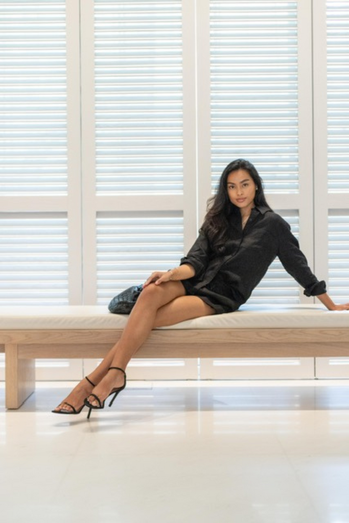 Summery The Label's model wearing the classic linen shorts in black