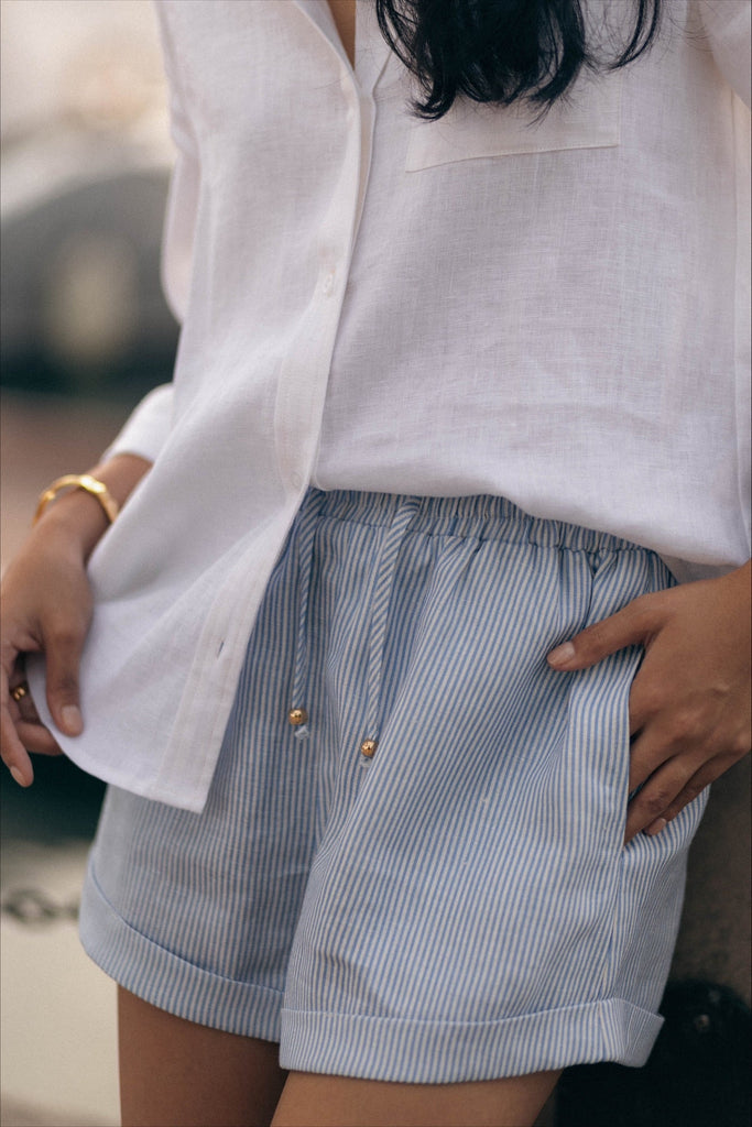 Summery The Label UK Woman Wearing Linen Shorts Product