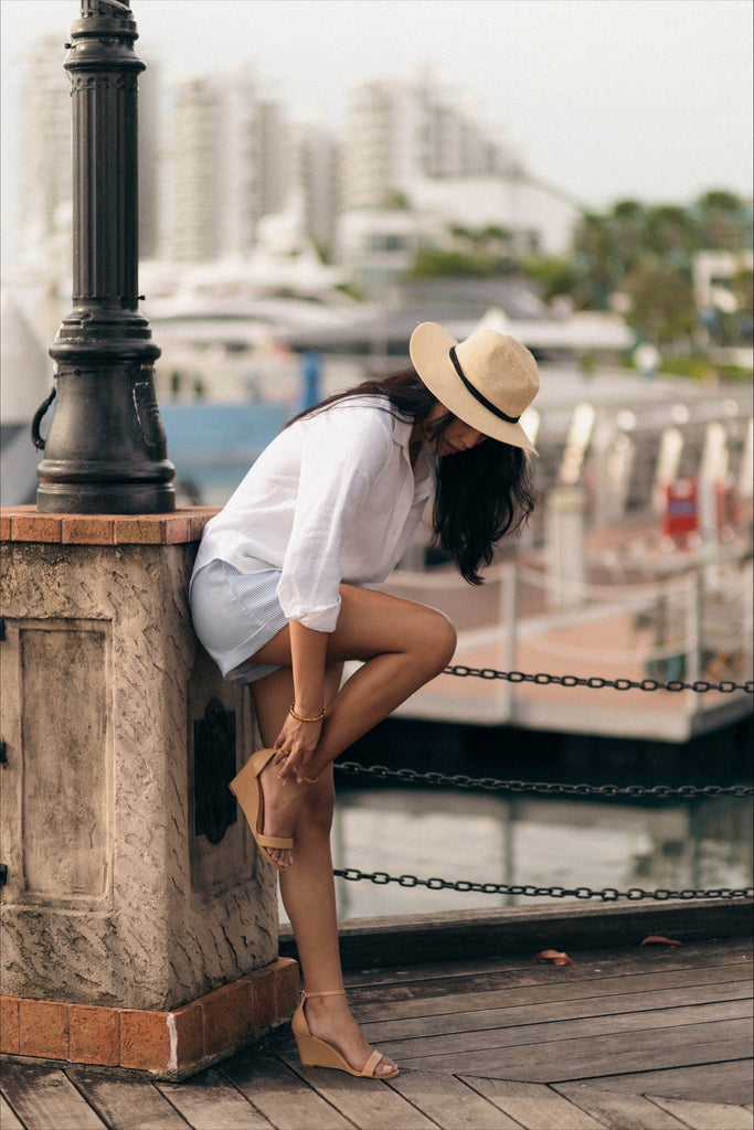Summery The Label UK Woman Wearing Linen Shorts Product