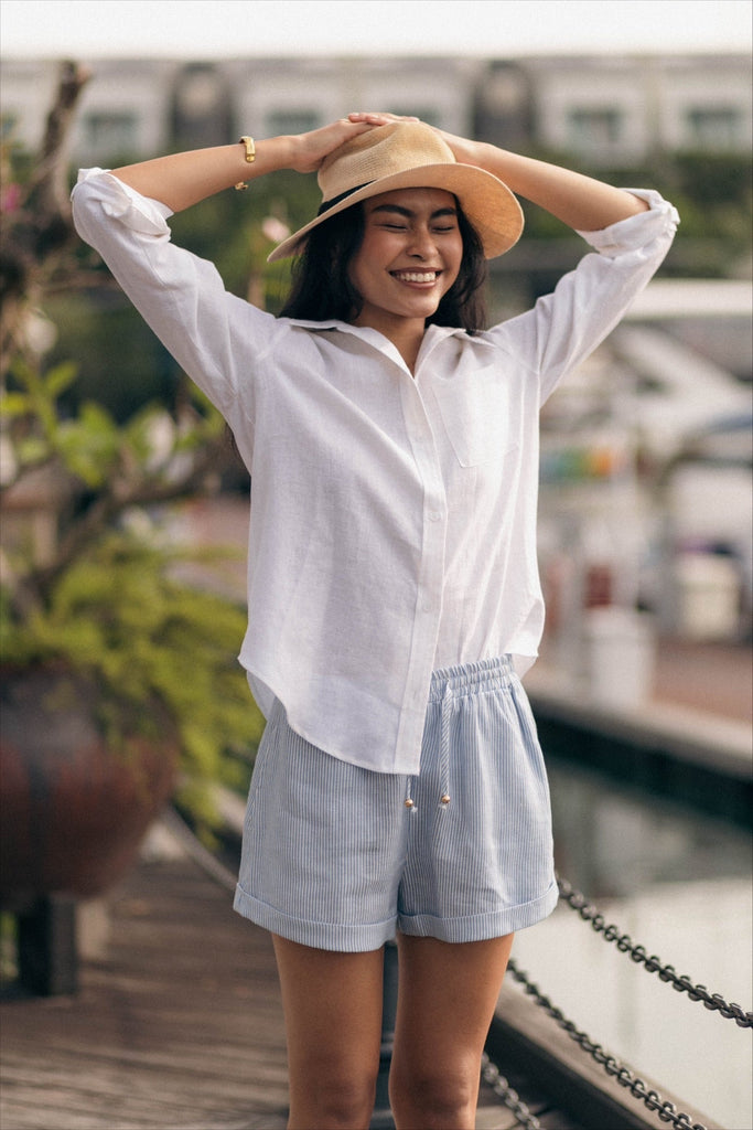 Summery The Label UK Woman Wearing Linen Shorts Product