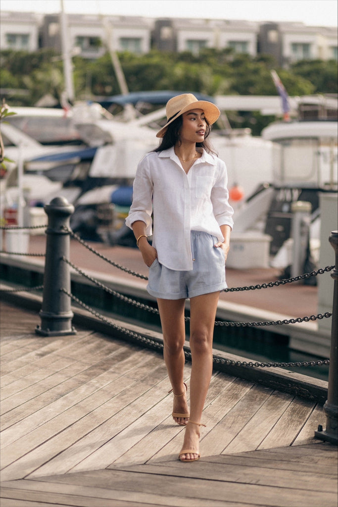 Summery The Label UK Woman Wearing Linen Shorts Product